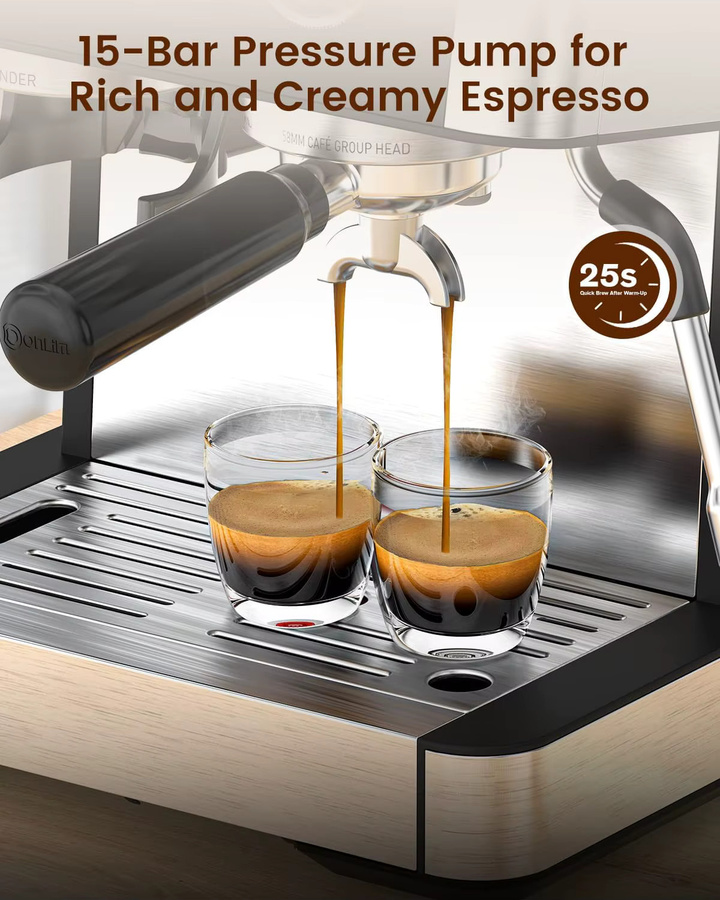 Acekool Espressomaschine mit integriertem Mahlwerk, 15 Bar Druck, 58 mm Siebträger, Dampfdüse und 2,3 l Wassertank, Schwarz-Silber - Bild 4