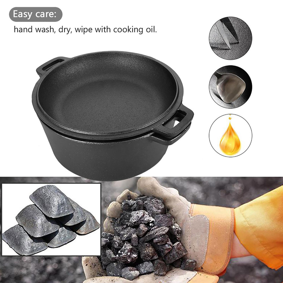 Nensit 2 in 1 Gewürzter Doppel-Dutch Oven Kombikocher aus Gusseisen, Schwarz - Bild 2