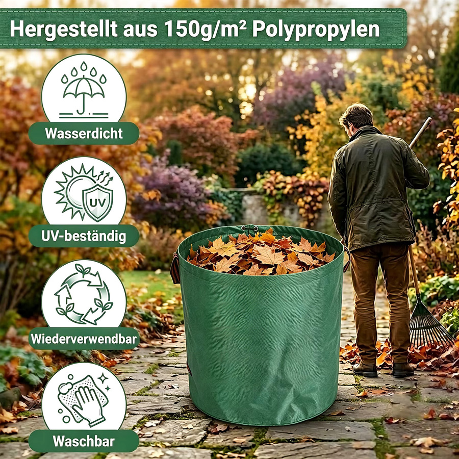 3er Set Forever Speed Gartensäcke aus grünem Polypropylen-Gewebe, 3x 272 l Laubsäcke für Gartenabfälle und Grünschnitt, robust und faltbar - Bild 2