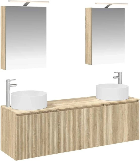 vidaXL Badezimmerschrank-Set 5-teilig in Sonoma-Eiche, modern mit LED-Beleuchtung und Waschtischunterschrank, Farbe: Braun - Bild 1