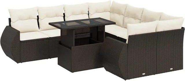 vidaXL 9-tlg. Garten-Sofagarnitur in L-Form aus braunem Poly-Rattan mit cremeweißen Kissen und pulverbeschichtetem Stahlgestell - Bild 1