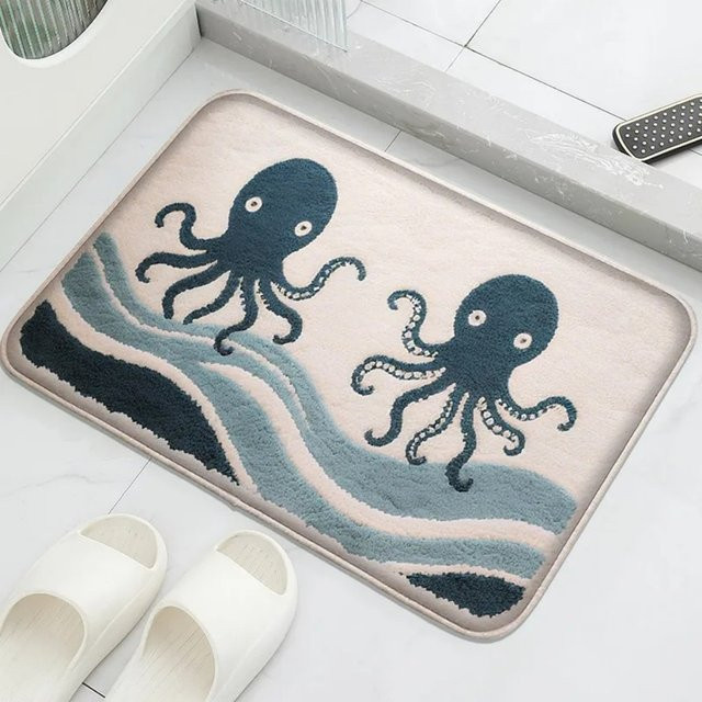 VIKAMA Fußmatte mit Cartoon-Fisch und Oktopus-Wellen-Design, rutschfest und schmutzabweisend, B/T: 60 x 40 cm, mehrfarbig - Bild 1