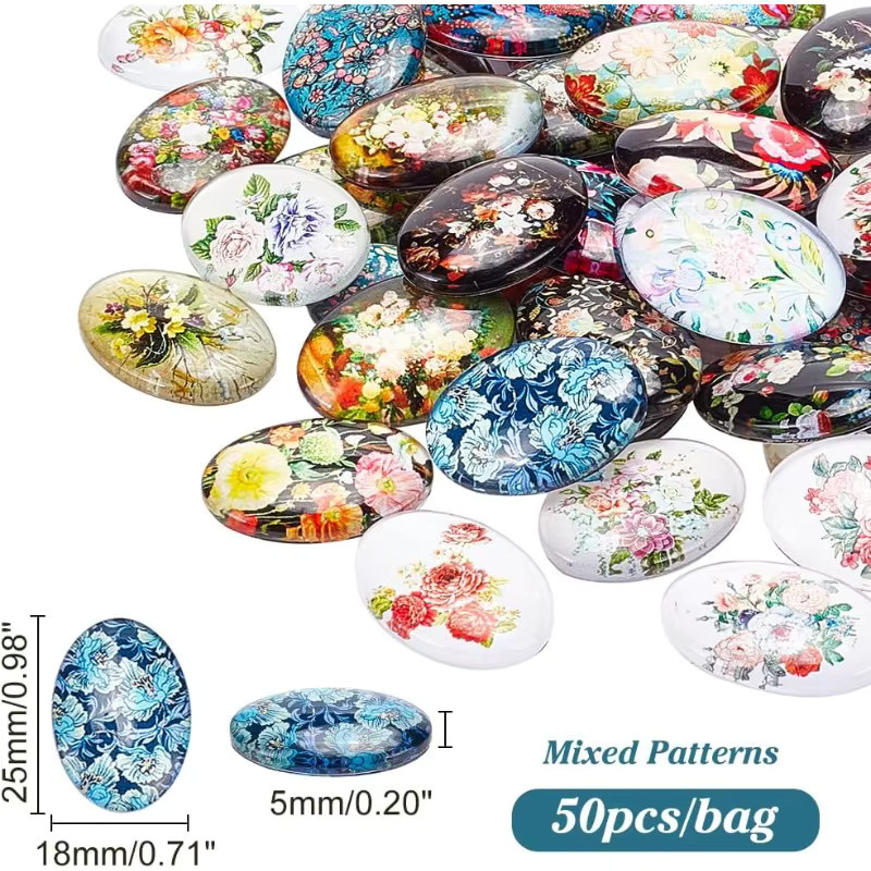 Glas-Cabochons, oval, mit Blumen bedruckt, 25 x 18 mm, 50 Stück - Bild 2
