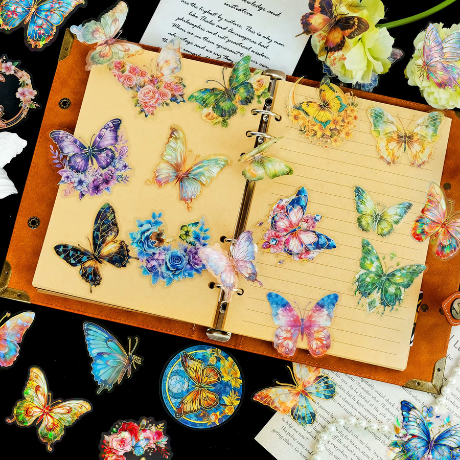 30 Stück YIIMANNER Vintage Schmetterlingsaufkleber, holografische und glitzernde PVC-Aufkleber in Multicolour, wasserdicht und transparent - Bild 3