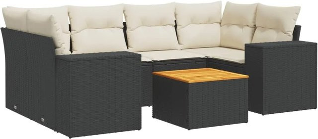 vidaXL 7-tlg Garten-Sofagarnitur aus Poly-Rattan und Akazienholz in Schwarz mit cremeweißen Kissen - Bild 1