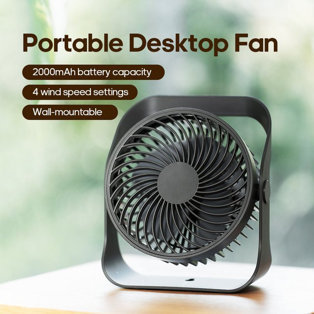 Kinscoter Tragbarer elektrischer Tischventilator in Grau mit 2000 mAh Akku, USB-aufladbar, 5 Windgeschwindigkeiten, vielseitig als Tisch-, Wand- oder Deckenventilator mit Haken nutzbar - Bild 1