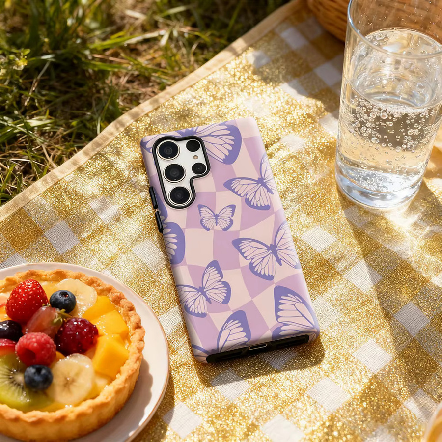 Lila Handyhülle mit Schmetterling-Design für Samsung Galaxy S25 Ultra, S24 und S23 Ultra Plus mit glänzender doppellagiger Rückseite - Bild 4