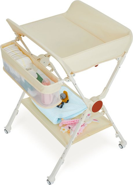 HiMiss Klappbarer Wickeltisch in Beige aus Metall und Stoff mit Höhenverstellung, Sicherheitsgurt und Stauraum für Neugeborene und Kleinkinder - Bild 1