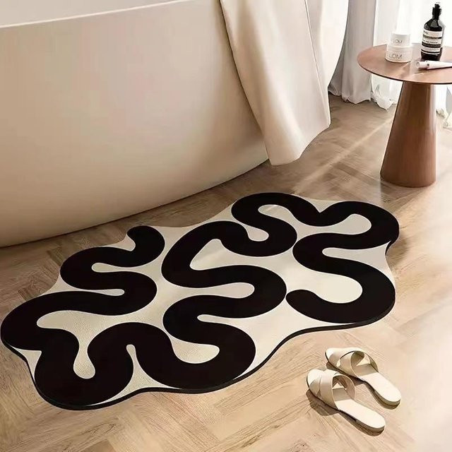 Rutschfeste Badezimmer Bodenmatte aus Diatomeenerde, schnelltrocknend und feuchtigkeitsableitend, B/T: 60 x 40 cm, Schwarz-Weiß - Bild 1