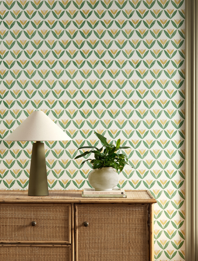 Scion Tapete Tulip Trellis in Honey mit botanischem Floral-Design und Mid-Century-Stil aus Vlies - Bild 1