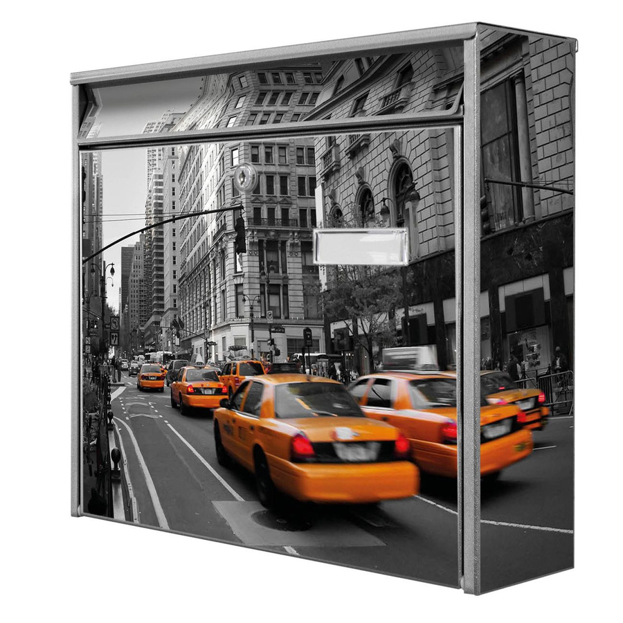 banjado Burg Wächter Wandbriefkasten Modell Mail aus verzinktem Stahlblech mit New York Taxi Motiv, Silber/Grau/Mehrfarbig, B/H/T: 36 x 32 x 10 cm - Bild 1