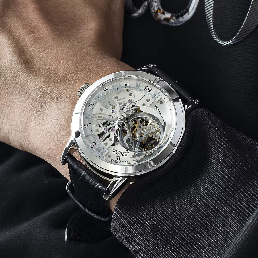 OBLVLO Automatikuhr, Skelett, Edelstahl, Kalbslederarmband, 45 mm, Herren - Bild 3