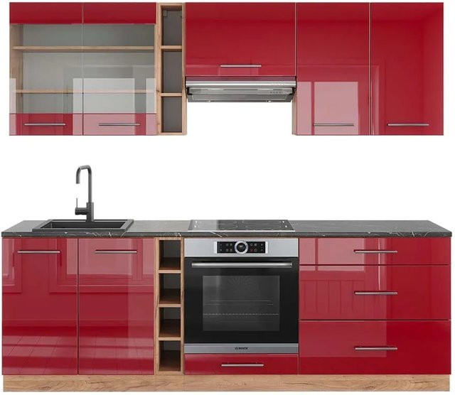 Vicco Fame-Line Küchenzeile Bordeaux Hochglanz und Goldkraft Eiche, Farbe Anthrazit, Breite: 235 cm - Bild 1