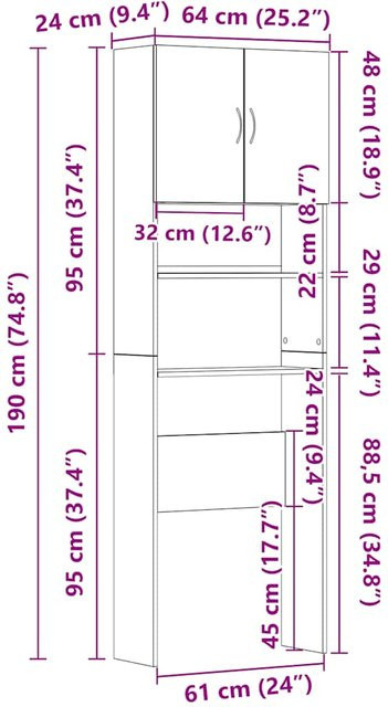Waschmaschinenunterschrank Yiwydaa in Grau, B/T/H: 64 x 24 x 190 cm - Bild 1