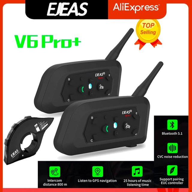 EJEAS V6 PRO+ Bluetooth Motorradhelm Intercom Headset in Schwarz mit 800 m Reichweite für bis zu 6 Fahrer, wasserdicht - Bild 1