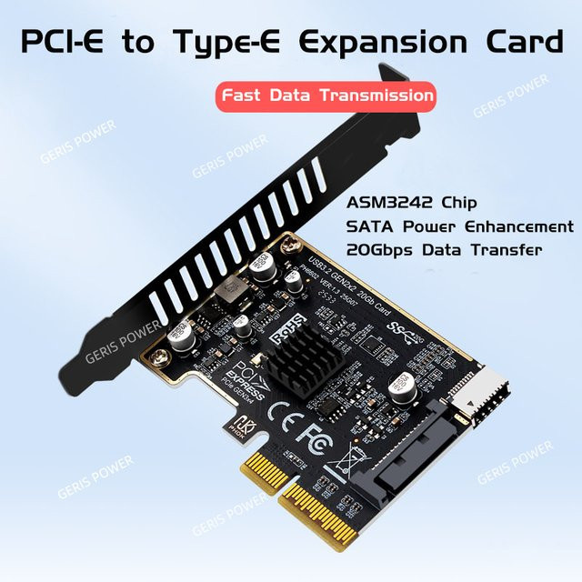 Geris Power USB 3.2 Typ-E Erweiterungskarte PCI-E x4 auf USB-C mit 20 Gbit/s ASM3242 Chip in Schwarz - Bild 1