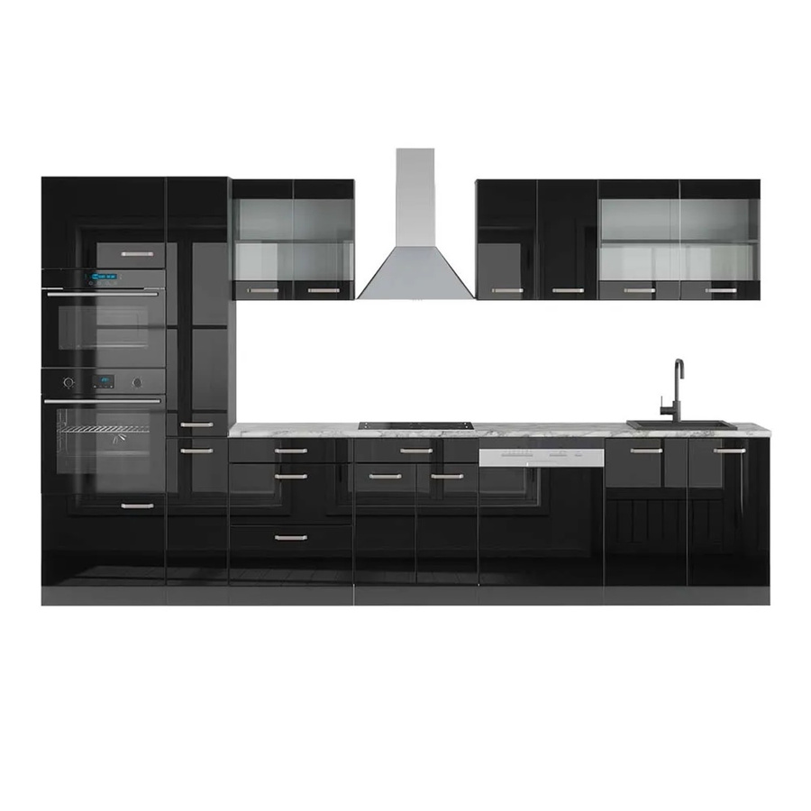 Vicco R-Line Küchenzeile Schwarz Hochglanz mit Hochschrank und Marmor-Optik, Breite: 350 cm - Bild 2