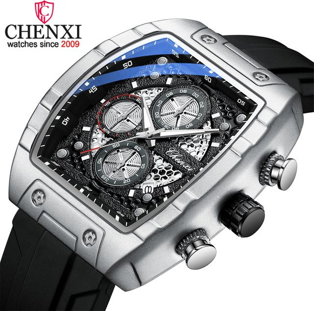 CHENXI Armbanduhr Tonneau, Chronograph, Quarz, Edelstahl, Silikon, Herren - Bild 1