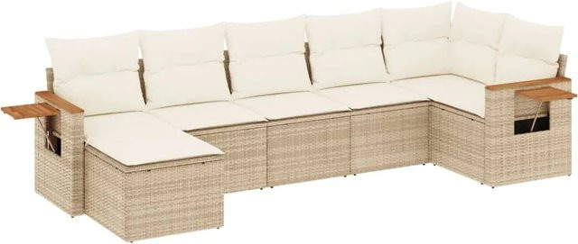 vidaXL 7-teilige Garten-Sofagarnitur aus Poly-Rattan und Akazienholz in Beige-Creme mit Kissen - Bild 1