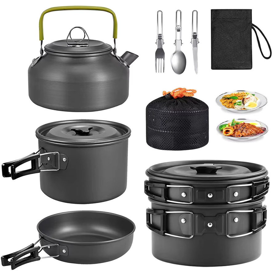 9-teiliges Camping-Kochgeschirr-Set von LONENESSL aus Aluminium mit Pfanne, Topf und Wasserkessel für Outdoor und Wandern - Bild 2