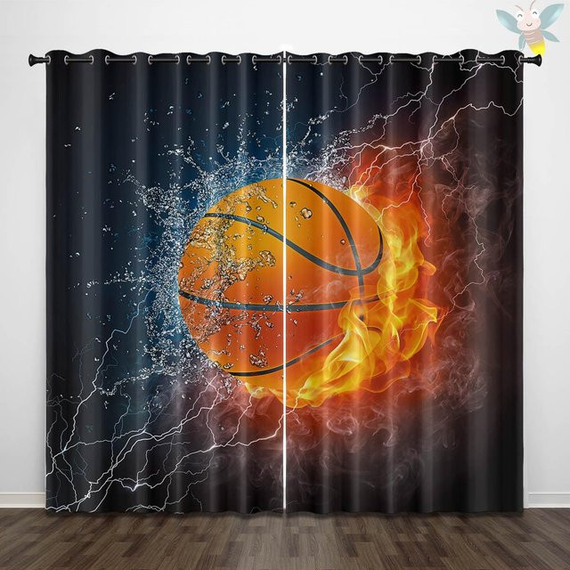 2er-Set Vorhänge mit Basketballmuster und Cartoon-Wasser-Feuer-Print in Grau, B: 140 cm, H: 160 cm - Bild 1
