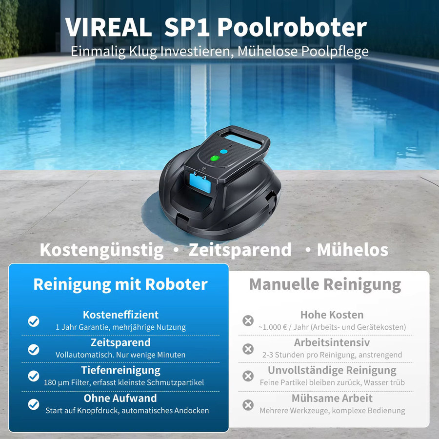 VIREAL SP1 Roboter-Poolreiniger in Schwarz mit 130 Minuten Laufzeit für Aufstellpools und bodengleiche Pools bis 80 m² - Bild 5