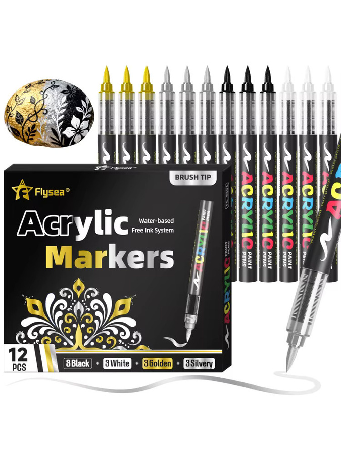 Kolorowys Acrylmarker Set mit 12 Stück, Wasserbasierte Markerstifte mit weicher Pinselspitze in Schwarz, Weiß, Gold, Silber und Multicolour für Steinmalerei und Holz - Bild 7