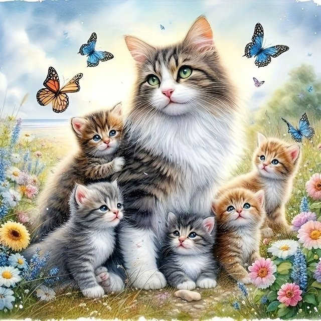 SDOYUNO DIY Diamantmalerei mit Katze, Blumen und Schmetterling als Mosaik-Bild zur Wanddekoration, Mehrfarbig, 30 x 30 cm - Bild 1