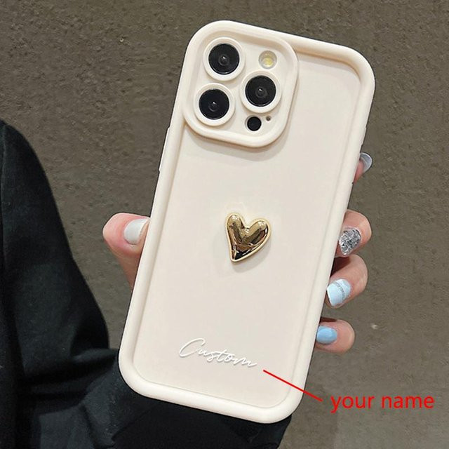 Personalisierte iPhone Hülle mit 3D Gold Liebesherz und individuellem Namen aus Silikon in Gold und Weiß für Apple iPhone 16 15 14 13 12 11 Pro Max Plus XR XS X 8 7 - Bild 1