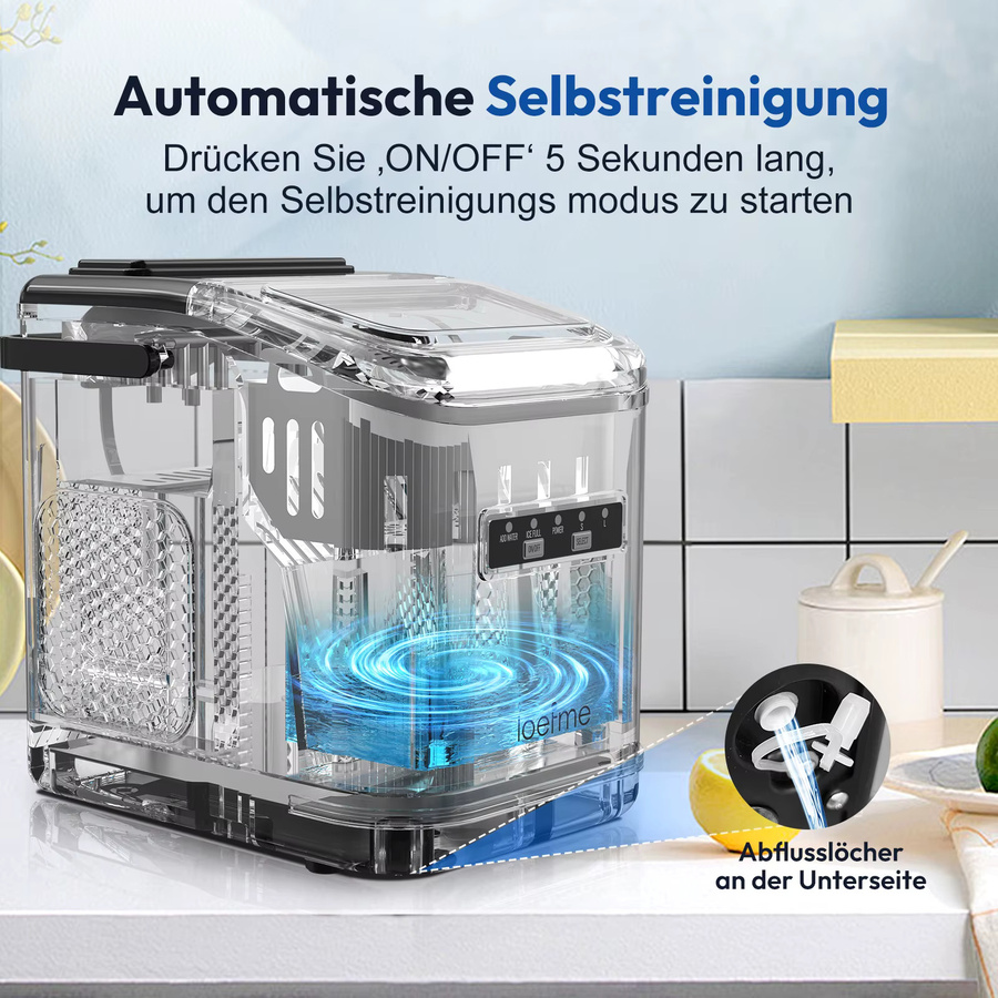 Loefme Tragbare Eiswürfelmaschine in Grün mit LED-Anzeige, 12 kg Kapazität pro 24 Stunden, 1,4 l Wassertank und wählbarer Eisgröße - Bild 5