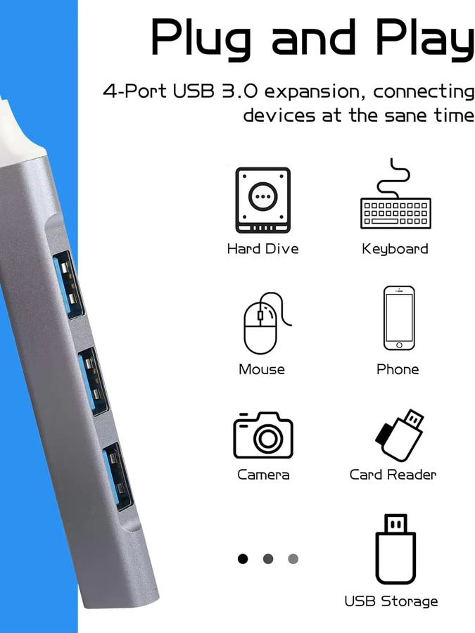 Tellyee USB-C USB 3.0 Multi-Port-Splitter 4-Port USB-Hub in Grau für PC und Laptop - Bild 4