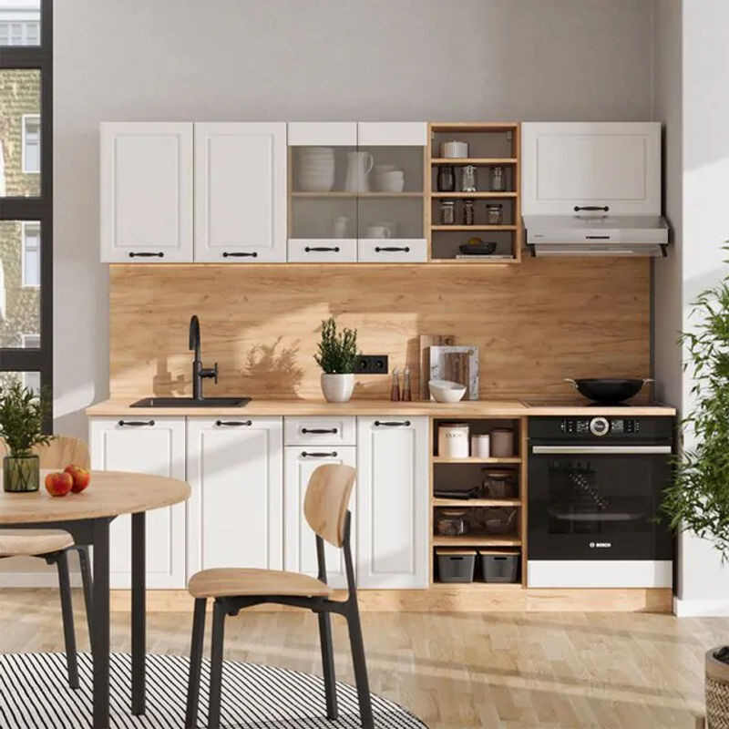 Vicco Küchenzeile R-line im Landhausstil, Weiß und Eiche Natur, Breite: 240 cm, ohne Arbeitsplatte - Bild 1