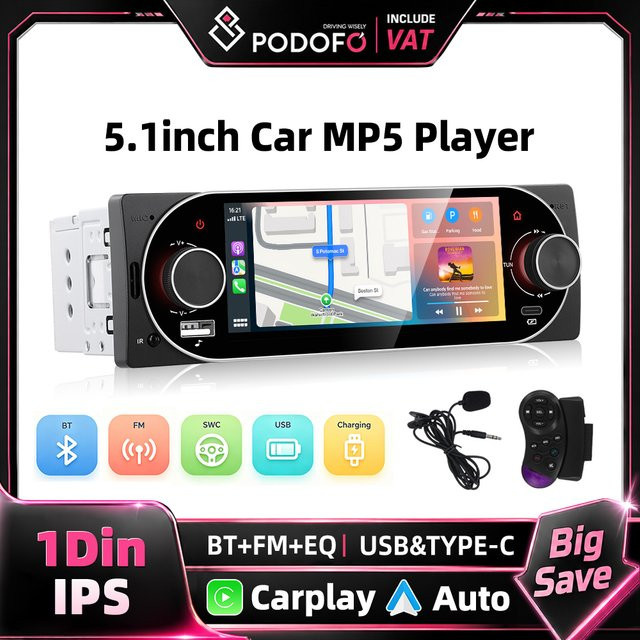 Podofo 1 Din Autoradio MP5-Player mit 5,1 Zoll HD Touchscreen, kabelloses CarPlay, Android Auto, Mirror Link, Bluetooth, USB und FM-Radio in Schwarz - Bild 1