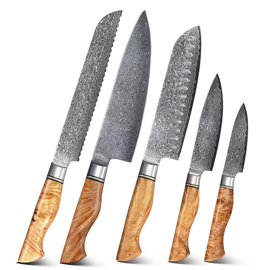 Baovim 5-teiliges Messerset aus 67-lagigem Damaststahl mit Brotmesser, Schälmesser, Allzweckmesser, Kochmesser und Santoku-Messer - Bild 4