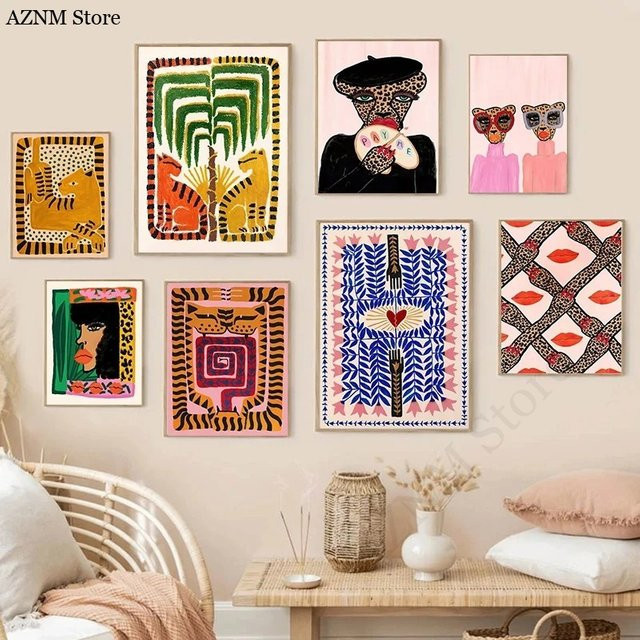 Potdemiel Boho Wandkunstdruck Leinwandmalerei mit abstrakten Tiger- und Leopard-Motiven in Bunt - Bild 1