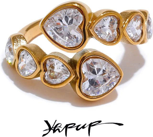 Yhpup Ring Edelstahl, Gold, Zirkonia, Herz, Unisex - Bild 1