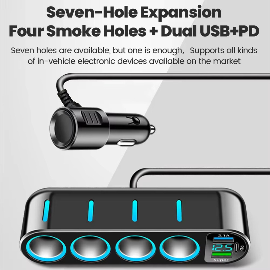 7-in-1 Autoladegerät Adapter von kebidumei in Schwarz mit 4 Buchsen, USB und USB-C, Zigarettenanzünder-Schnelllade-Netzteil mit Digitalanzeige - Bild 2