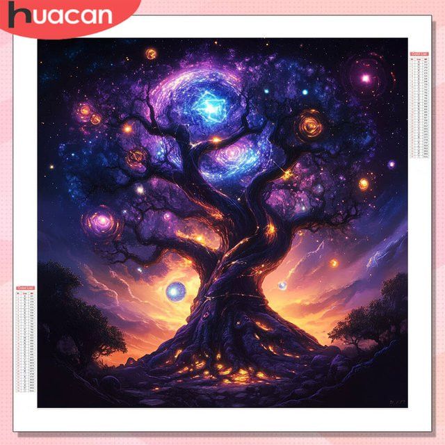 HUACAN 5D DIY Diamantmalerei Baum Landschaft mit Sternenhimmel als Wanddekoration in Multicolor, B/H: 20 x 20 cm - Bild 1