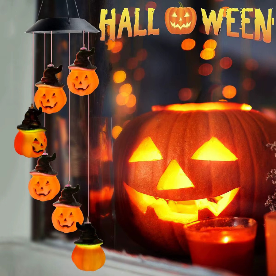 Peach Forest Halloween Solar Windspiel mit 6 farbwechselnden LED Kürbissen, wasserdicht, Schwarz/Mehrfarbig - Bild 2