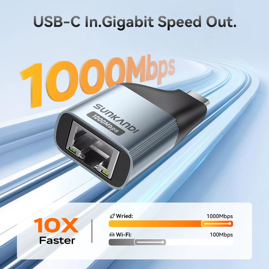 SUNKANDI USB-C-auf-Ethernet-Adapter mit 1 Gbit/s Gigabit RJ45 für MacBook Pro/Air, iPhone 16, iPad und XPS - Bild 1