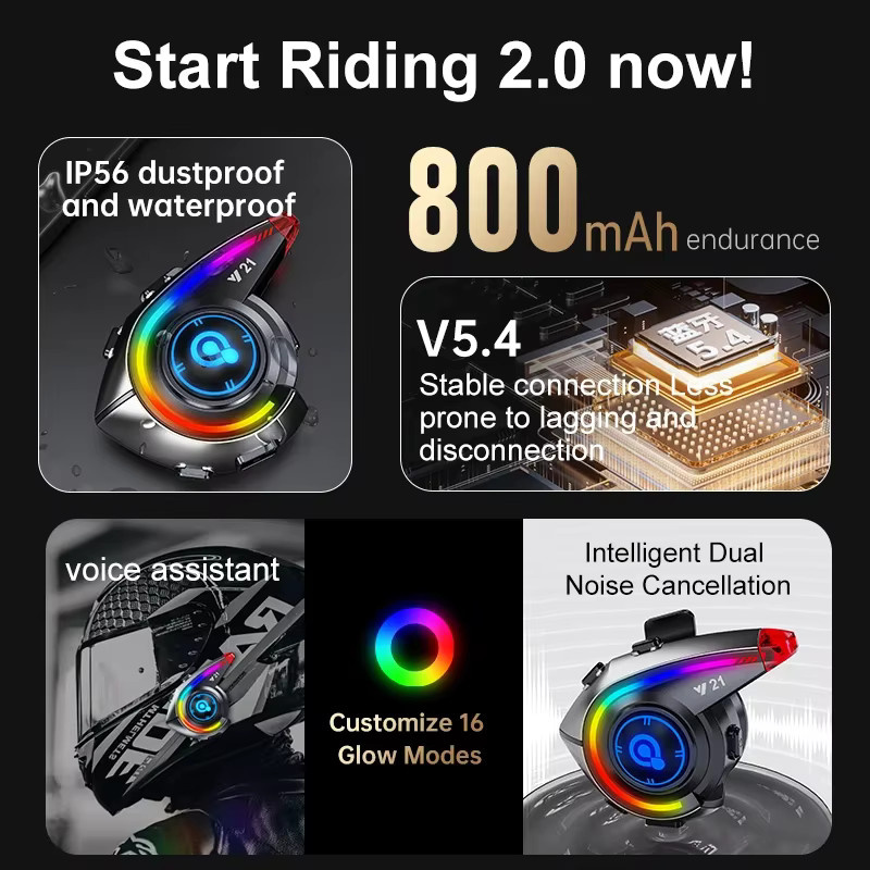 XINOWY Y21 Motorradhelm-Headset mit Bluetooth 5.4, FM-Radio, RGB-Lichteffekt und Geräuschunterdrückung in Schwarz - Bild 2