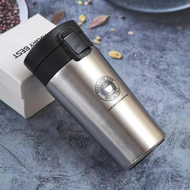 DHDH Reise-Thermobecher aus Edelstahl, auslaufsichere Thermosflasche mit Vakuumisolierung und Ein-Knopf-Öffnung, Silber, 500 ml - Bild 1