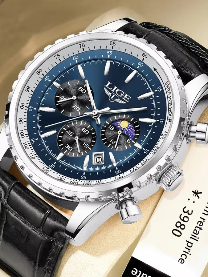 LIGE Armbanduhr, Quarz, Leder, Edelstahl, Blau, Herren - Bild 7
