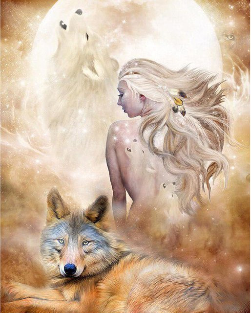 FIYO Diamantstickerei DIY Set Wolf und Frau in Weiß mit runden Steinen, B/H: 20 x 30 cm - Bild 1