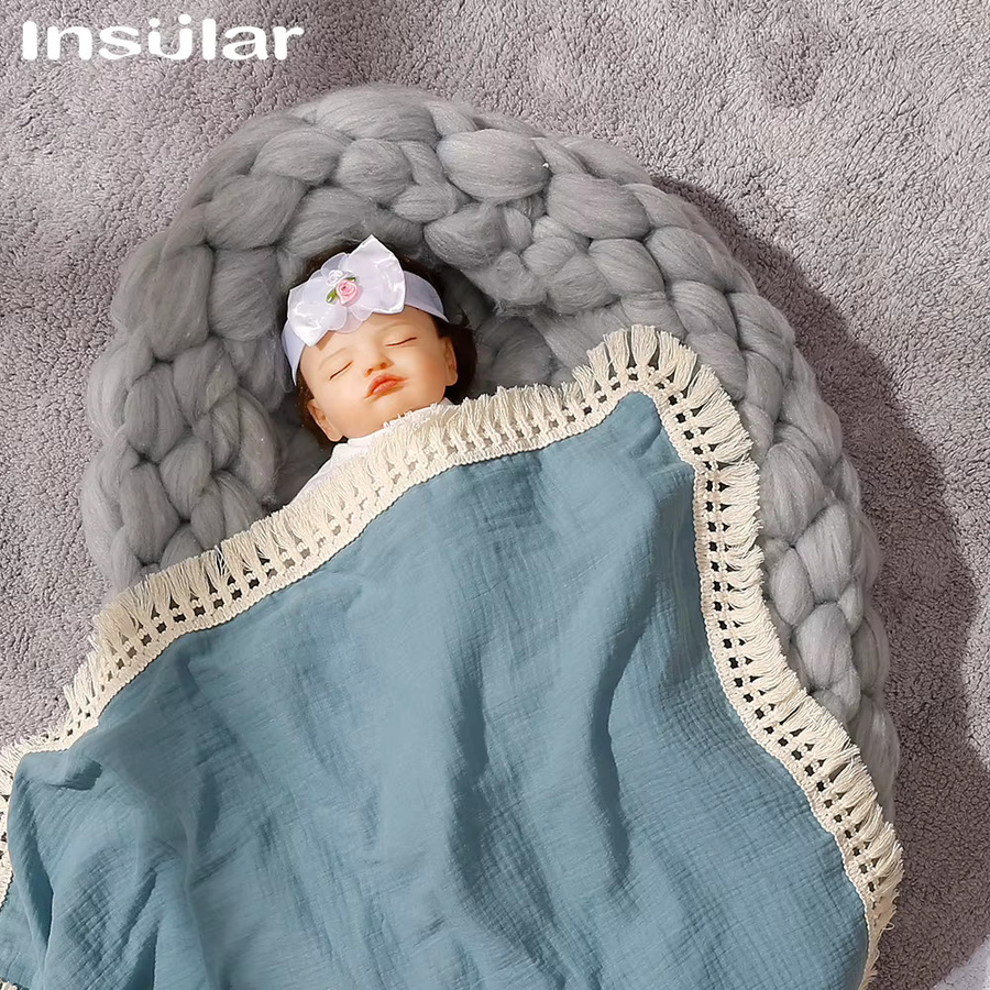 Insel Baby Gaze Decke aus Baumwolle und Musselin mit Quaste in Beige - Bild 2