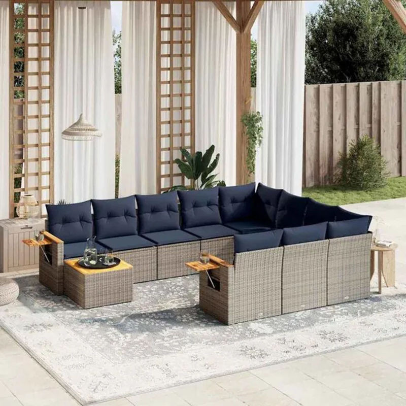 11-teilige moderne Garten-Sofagarnitur aus Poly-Rattan mit Kissen in Grau von vidaxl - Bild 1