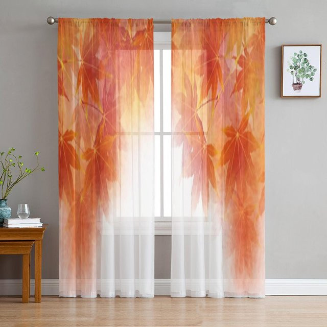 Transparente Voile Tüll Gardinen mit Herbstblätter-Motiv von Your Warm Home, Mehrfarbig, Breite: 135 cm, Höhe: 137 cm - Bild 1