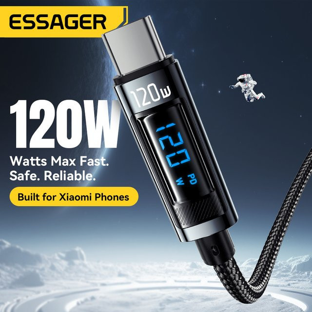 Essager USB-C Datenkabel mit Digitalanzeige 120W PD Super Flash Ladeleistung 6A in Schwarz oder Grau für Xiaomi, Redmi, POCO und iPhone 15 - Bild 1