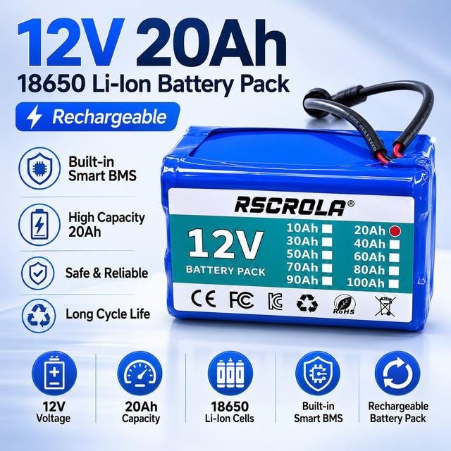 Rscrola 12V 20Ah 18650 Lithium-Akkupack in Blau mit integriertem Smart BMS für Köderboote, Campingbeleuchtung, Elektrowerkzeuge und DIY Notstromversorgung - Bild 1