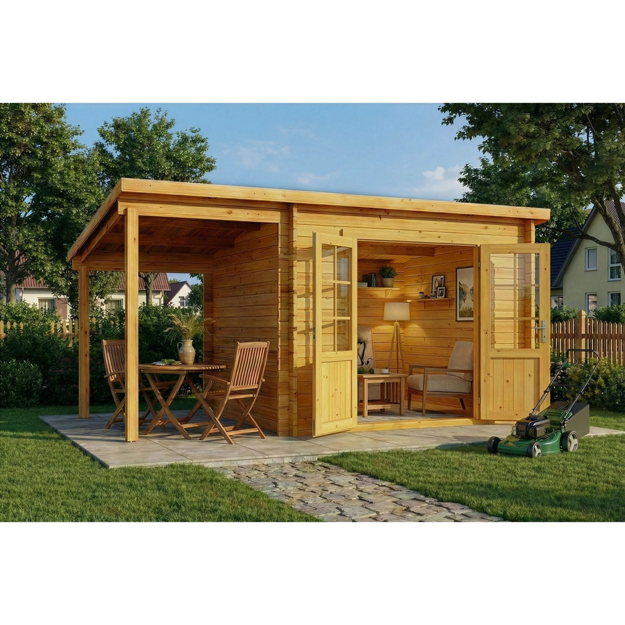 Alpholz Gartenhaus Maria aus Pinie mit Pultdach in Hellbraun, Wandstärke: 34 mm, B: 450 cm, T: 269 cm - Bild 2